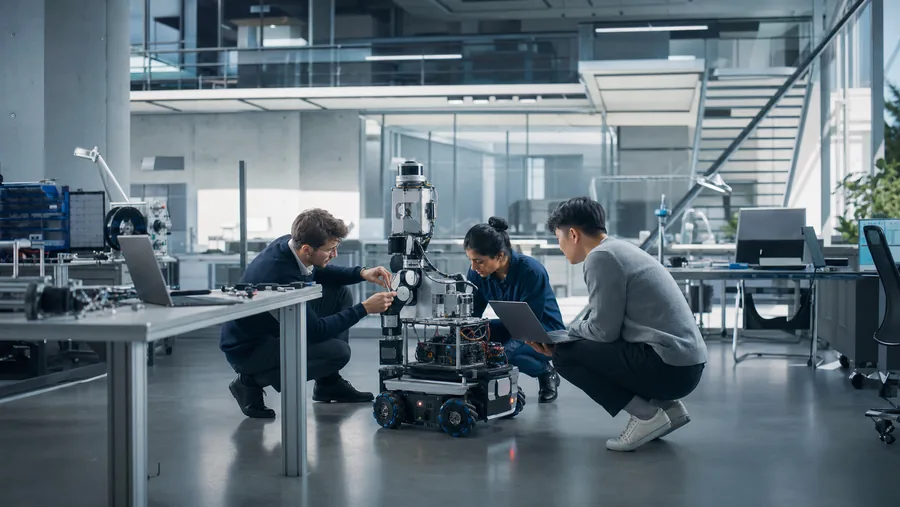 Engineering researchers collaborating around a robot